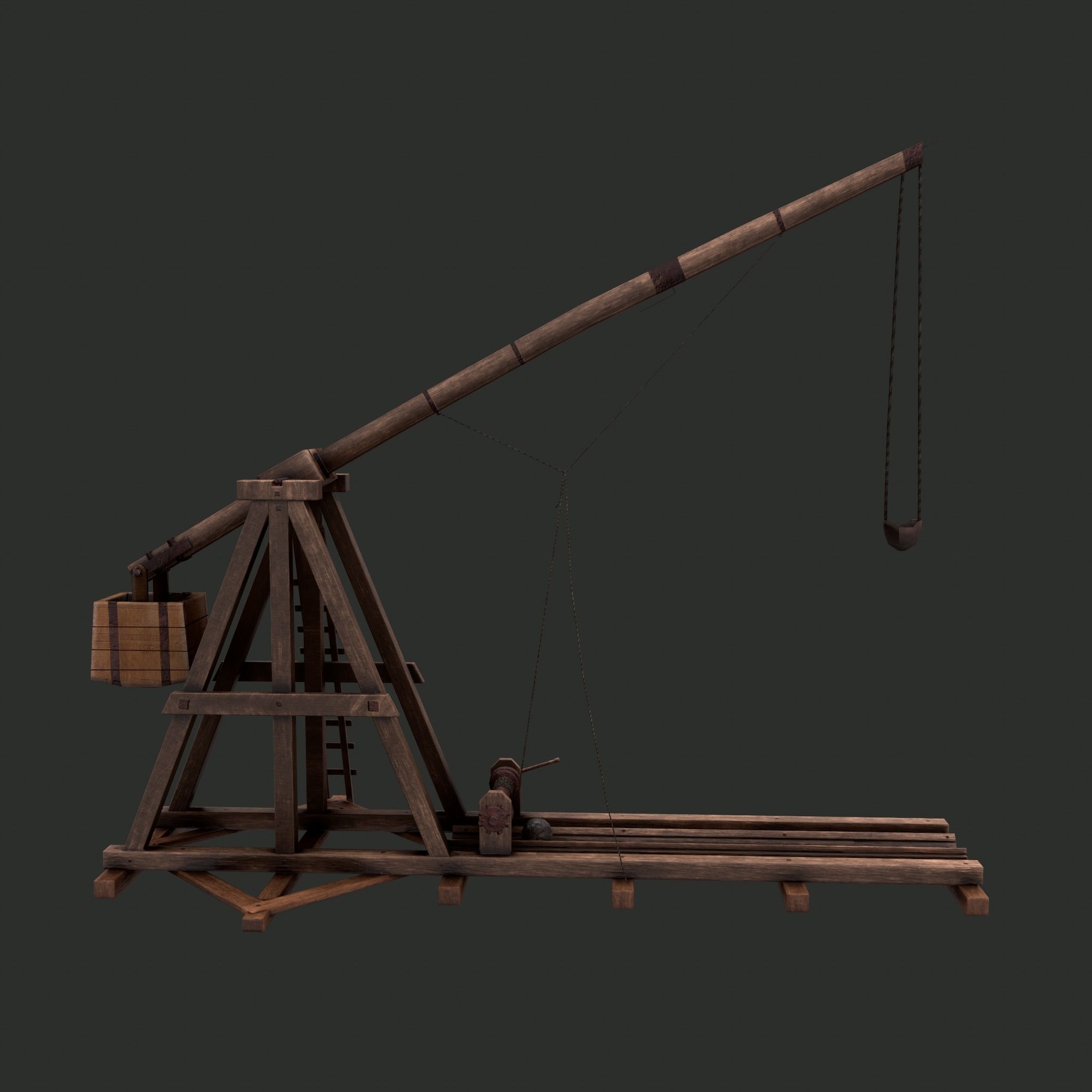 Trebuchet wooden crane Low-poly 3D model_7