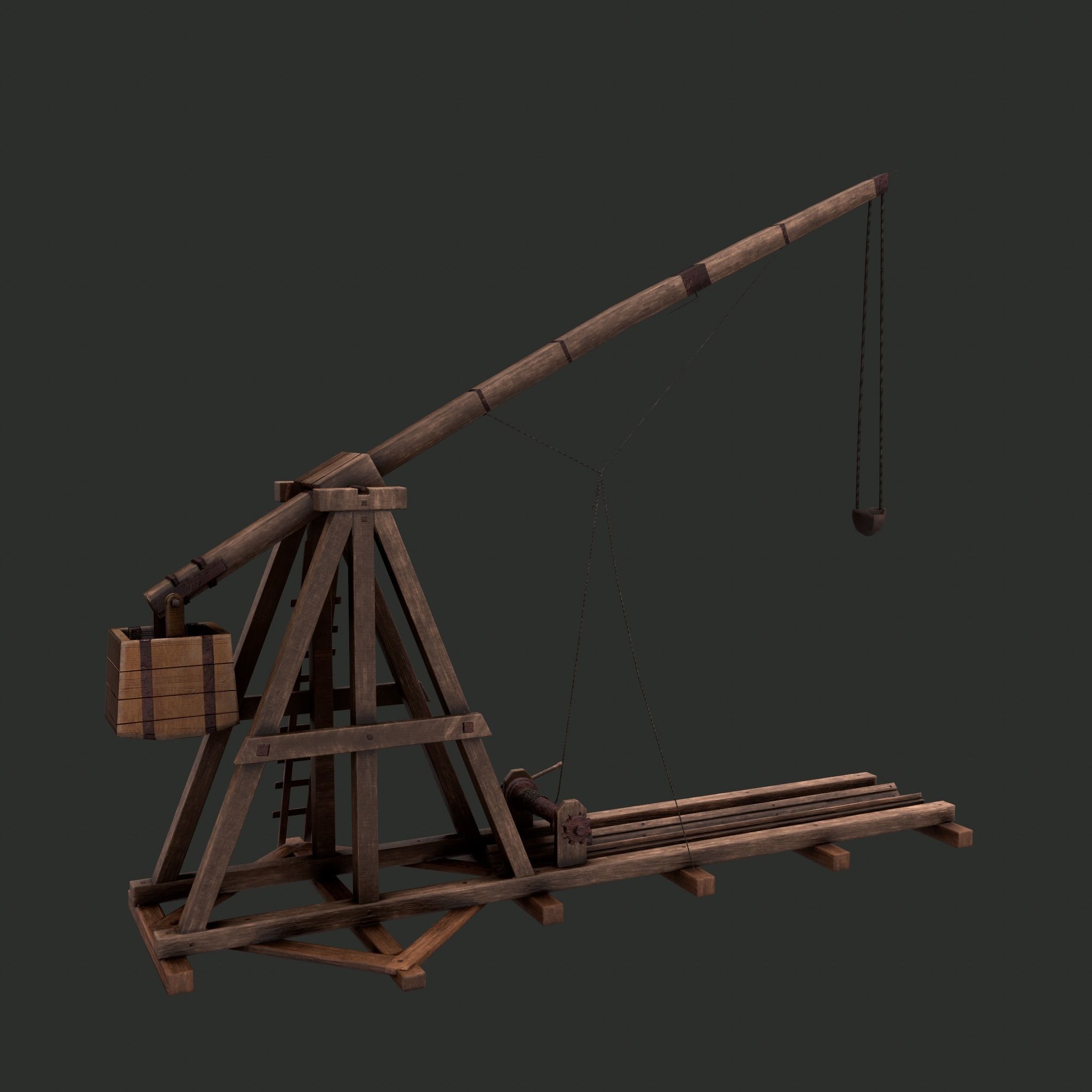 Trebuchet wooden crane Low-poly 3D model_8