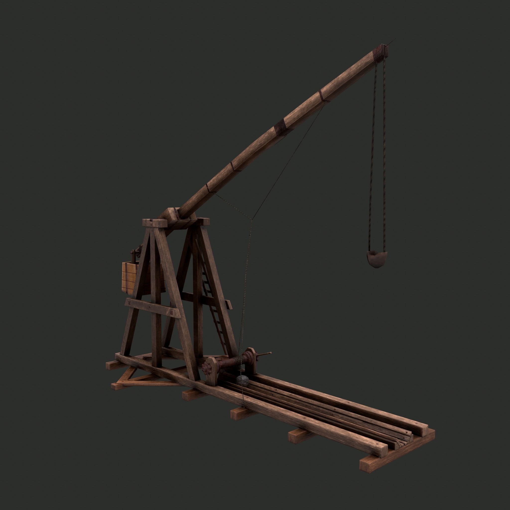Trebuchet wooden crane Low-poly 3D model_4