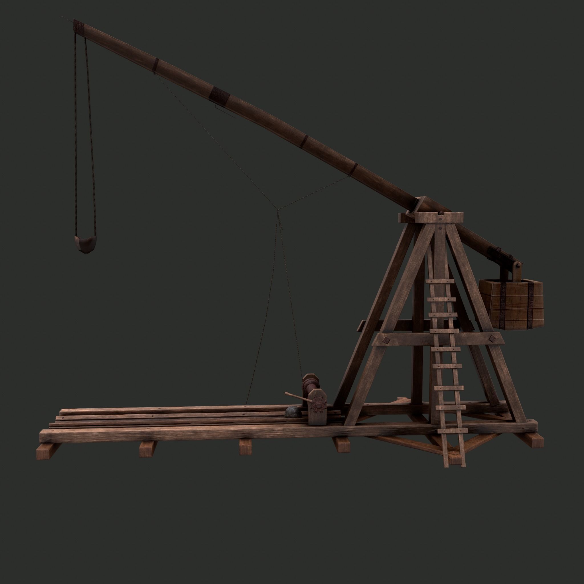 Trebuchet wooden crane Low-poly 3D model_15