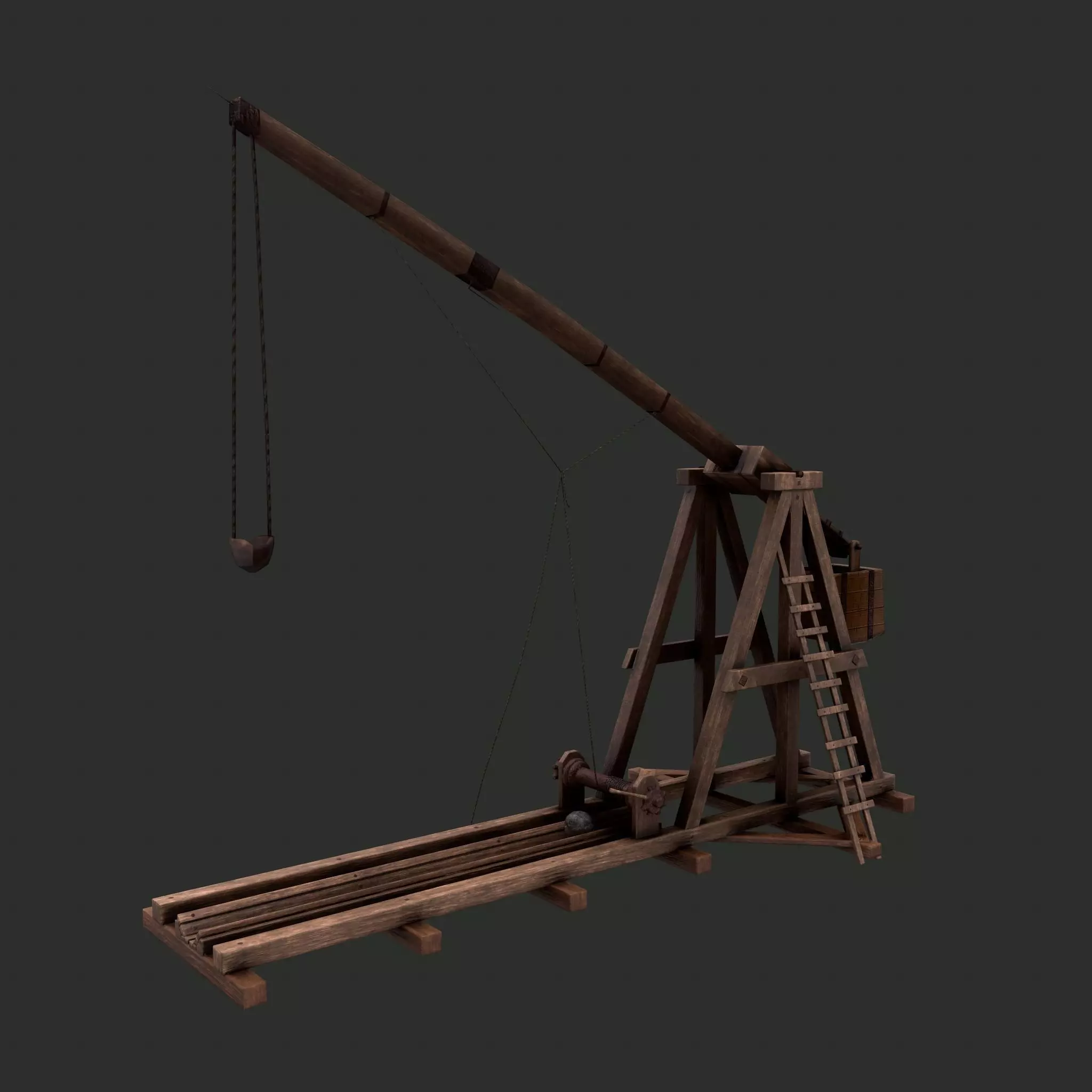 Trebuchet wooden crane Low-poly 3D model_0