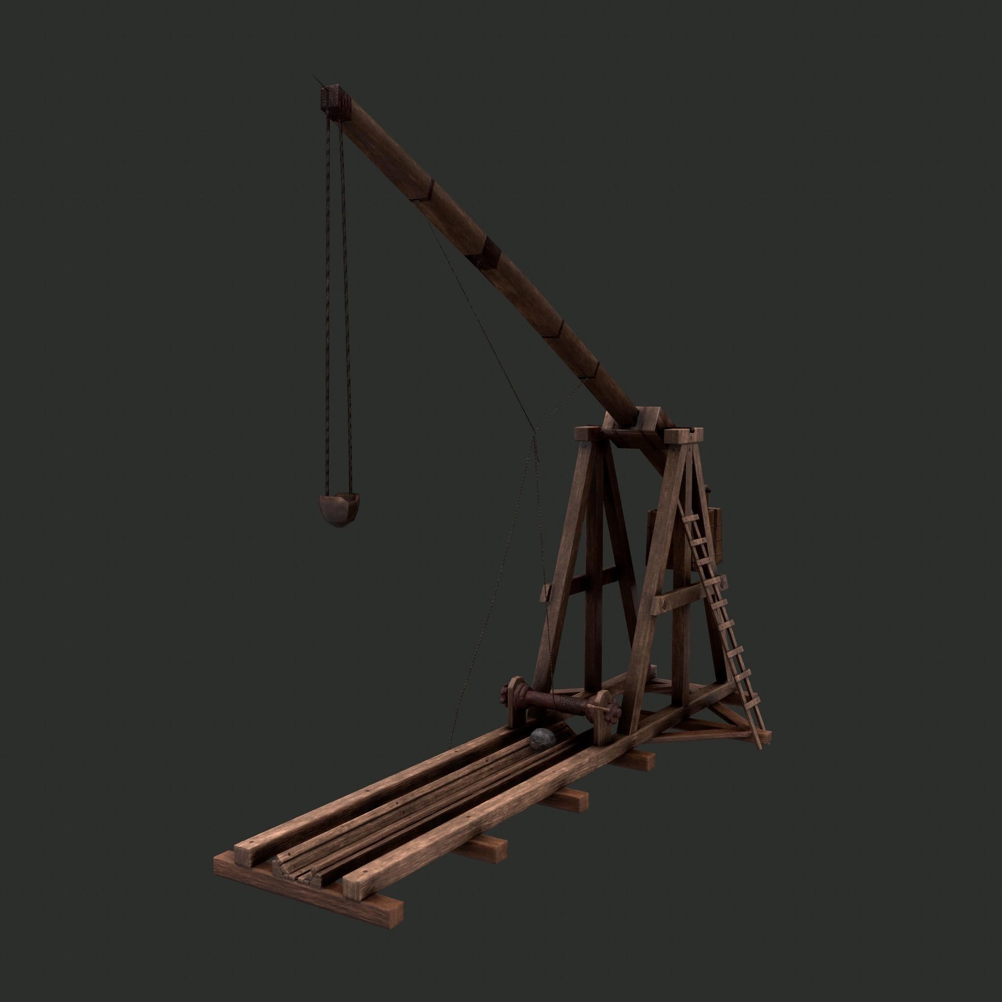 Trebuchet wooden crane Low-poly 3D model_2