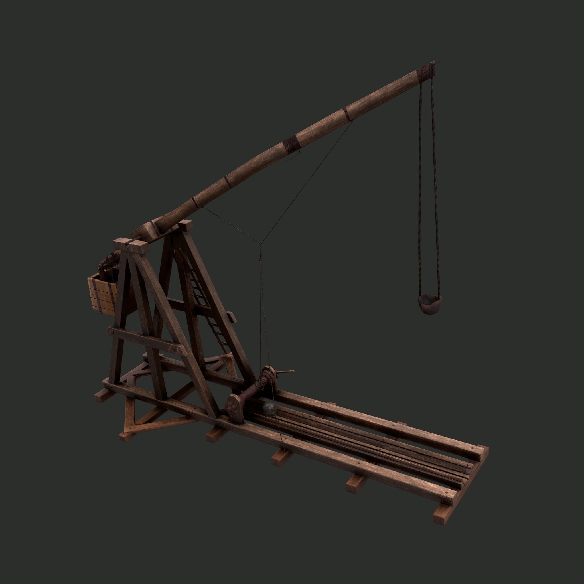 Trebuchet wooden crane Low-poly 3D model_17