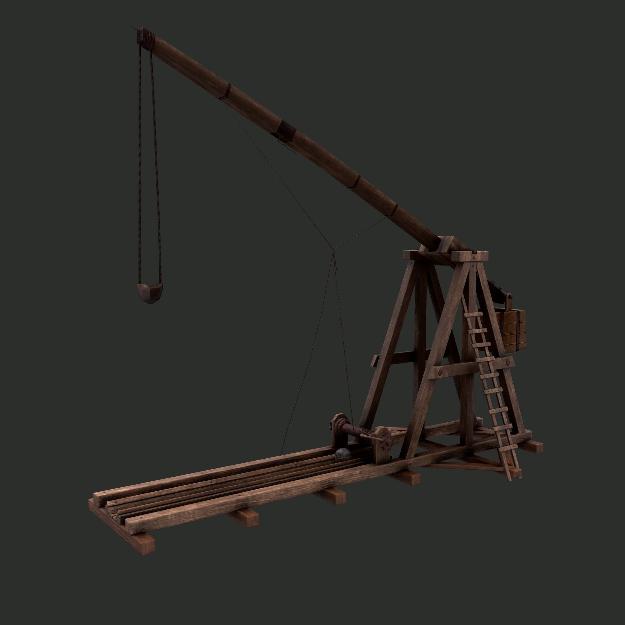 Trebuchet wooden crane Low-poly 3D model_16