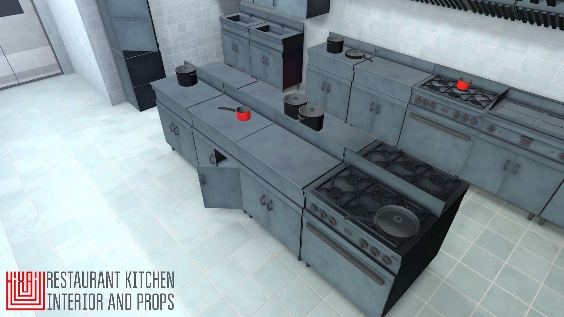 Restaurant kitchen - interior and props Low-poly 3D model_2