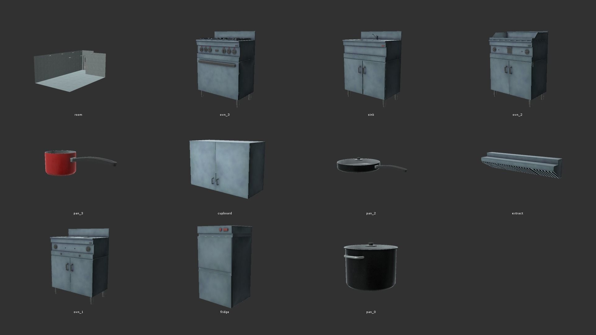 Restaurant kitchen - interior and props Low-poly 3D model_1