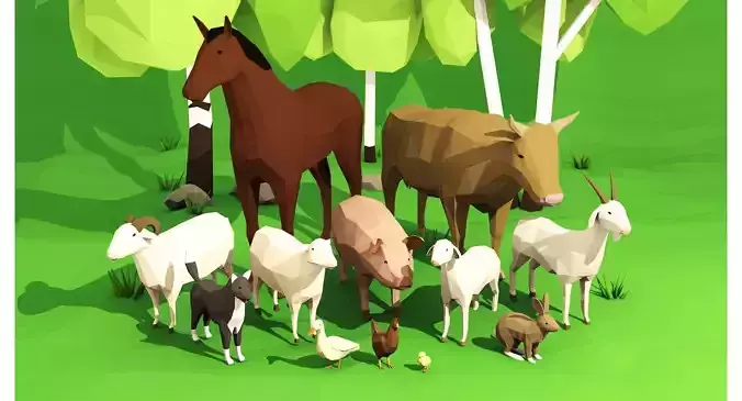 Domestic animals rigged pack Low-poly 3D model