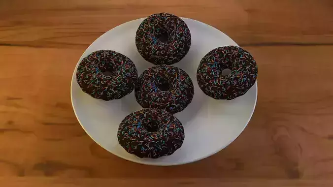 donut six chocolate sprinkled donuts on plate 3D model