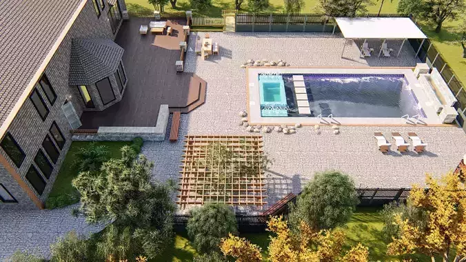 Backyard Design of residential house water pool 3D model