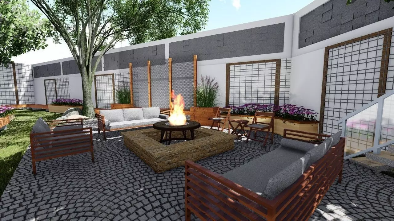 Backyard landsacpe design of modern house with fireplace 3D model
