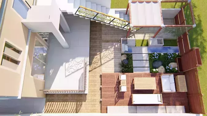 Backyard landsacpe design of modern house with sitting 3D model
