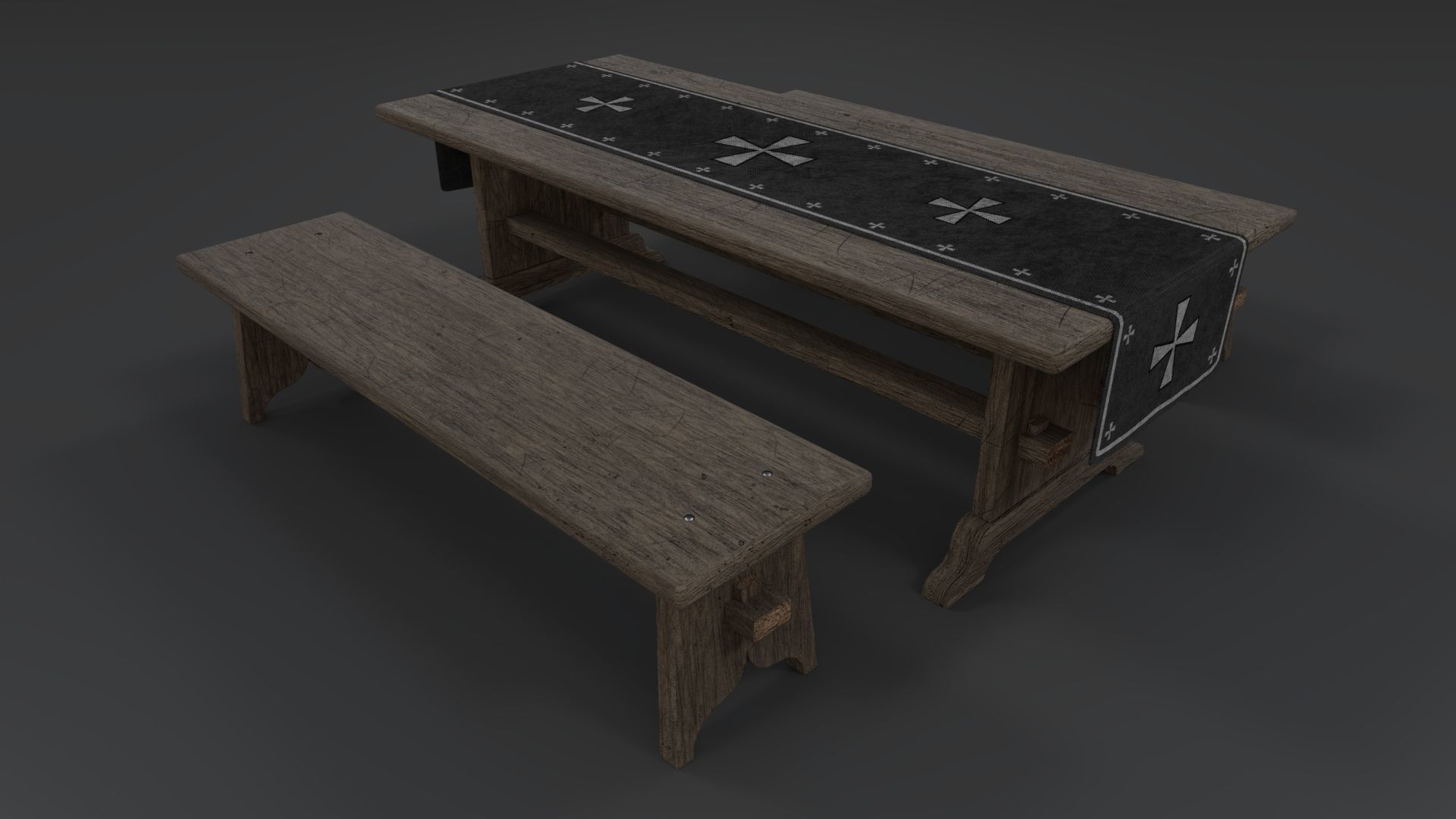 Medieval Table and Bench PBR Low-poly 3D model_12