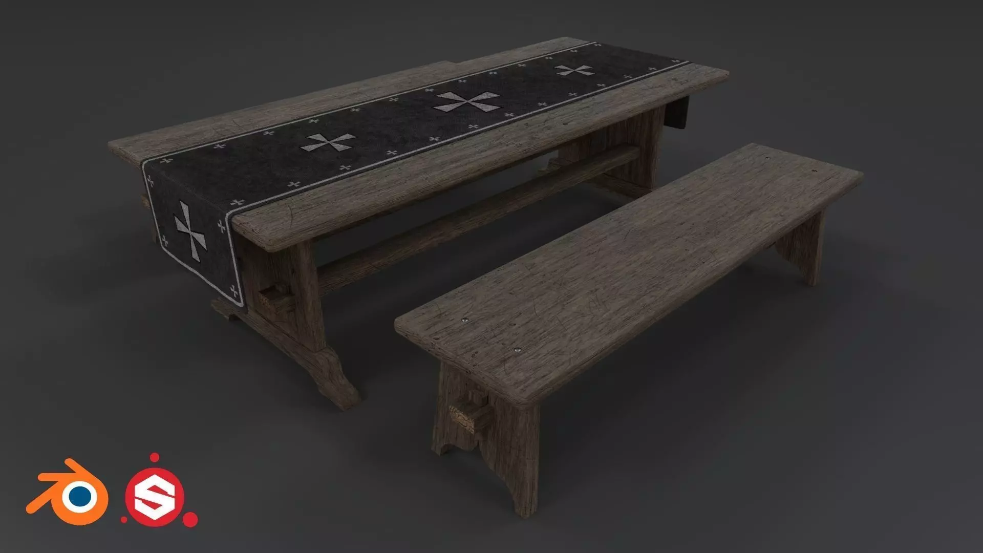 Medieval Table and Bench PBR Low-poly 3D model_0