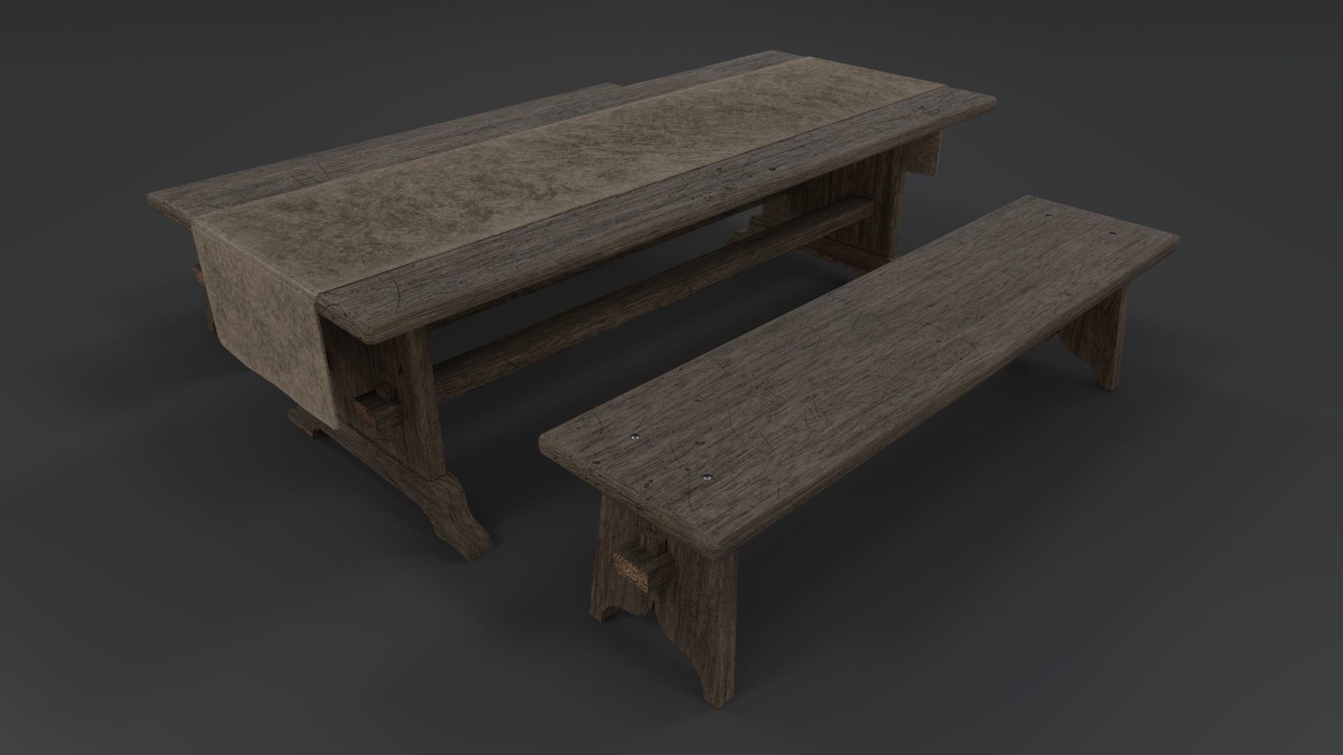 Medieval Table and Bench PBR Low-poly 3D model_2