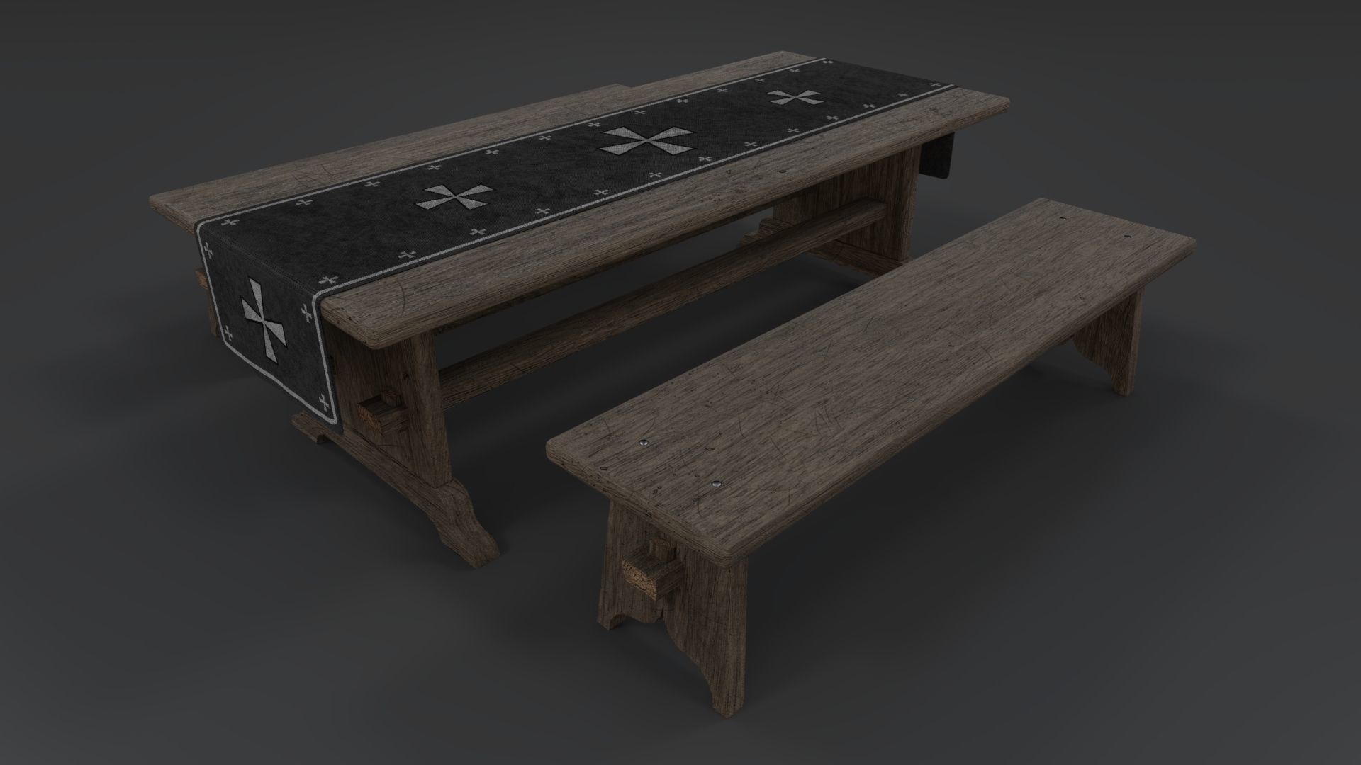 Medieval Table and Bench PBR Low-poly 3D model_1