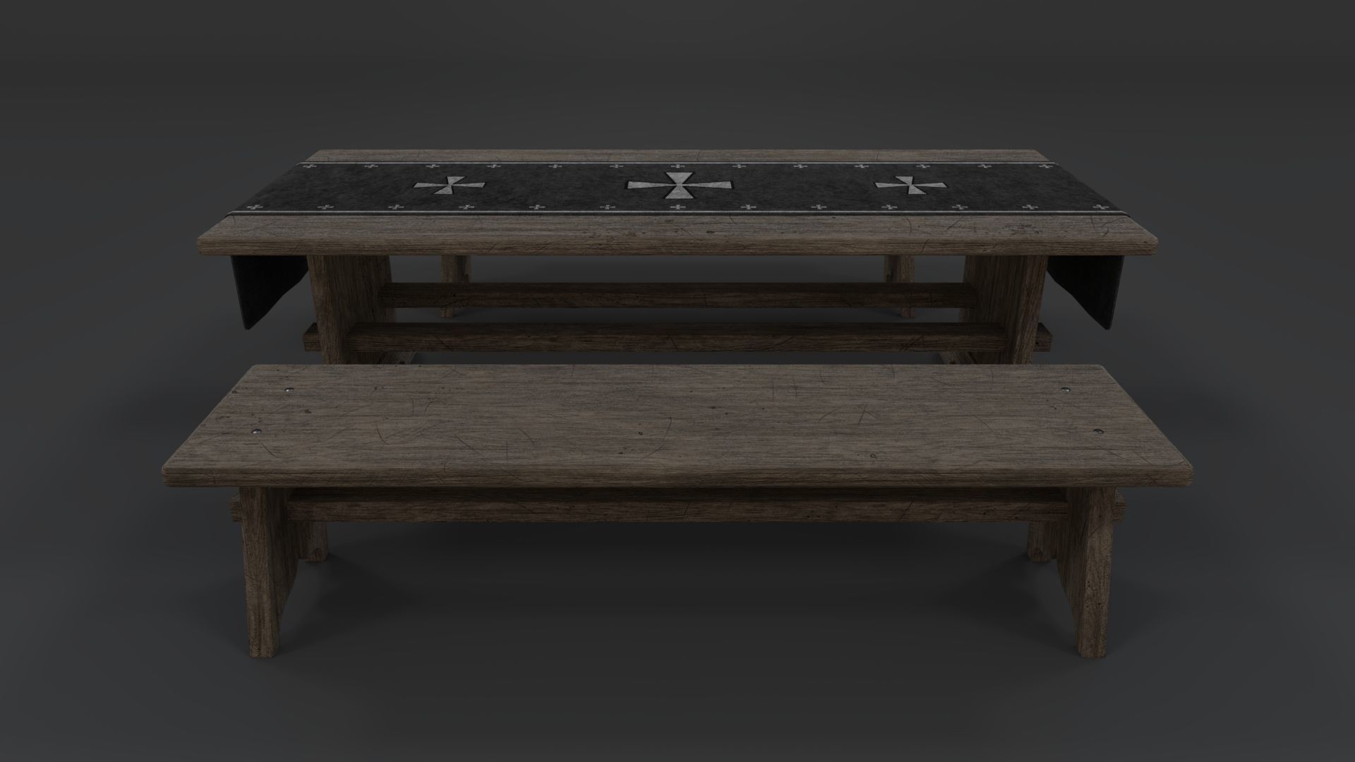 Medieval Table and Bench PBR Low-poly 3D model_7