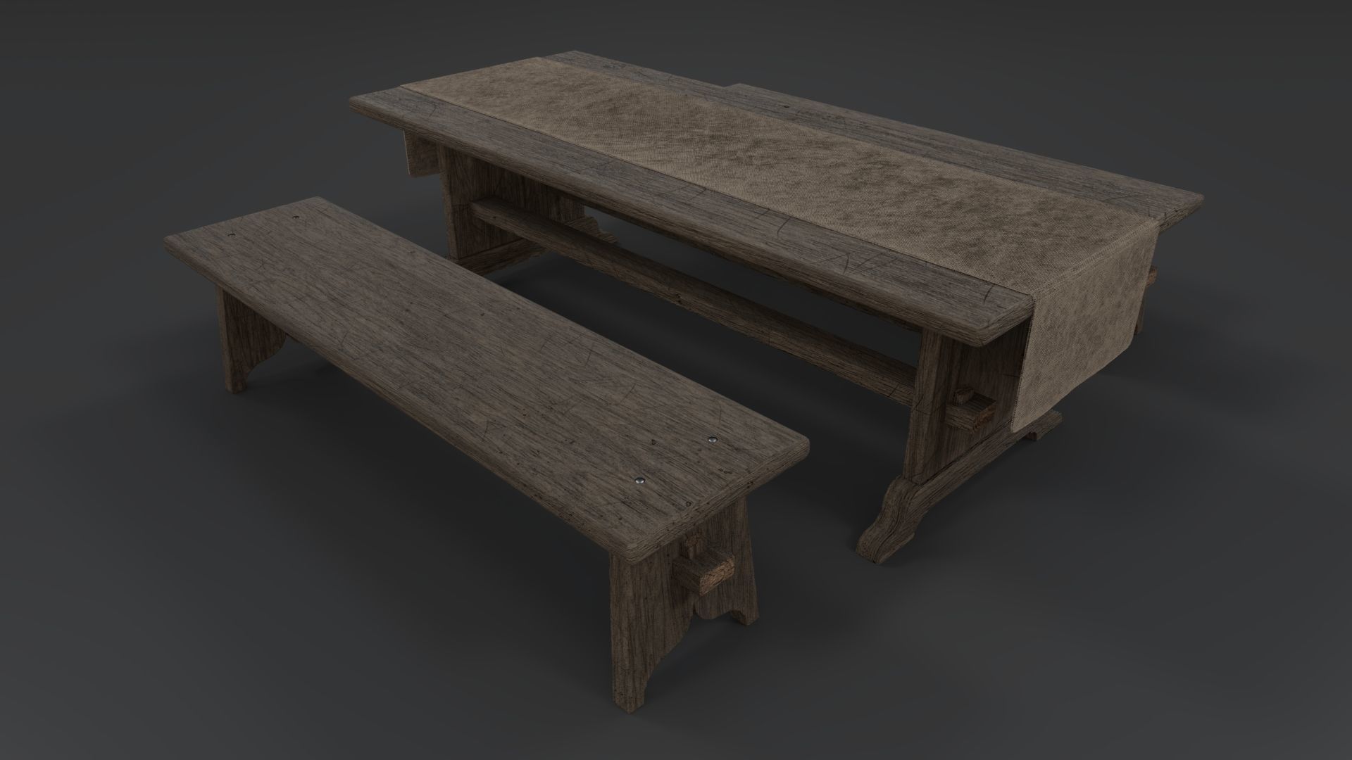 Medieval Table and Bench PBR Low-poly 3D model_13