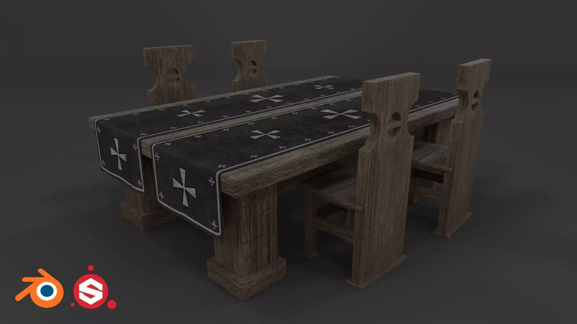 Medieval Table and chair PBR Low-poly 3D model_0