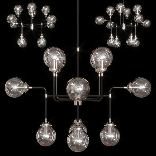 RH BISTRO GLOBE CLEAR GLASS CHANDELIER 12-LIGHT Nickel and Black 3D model