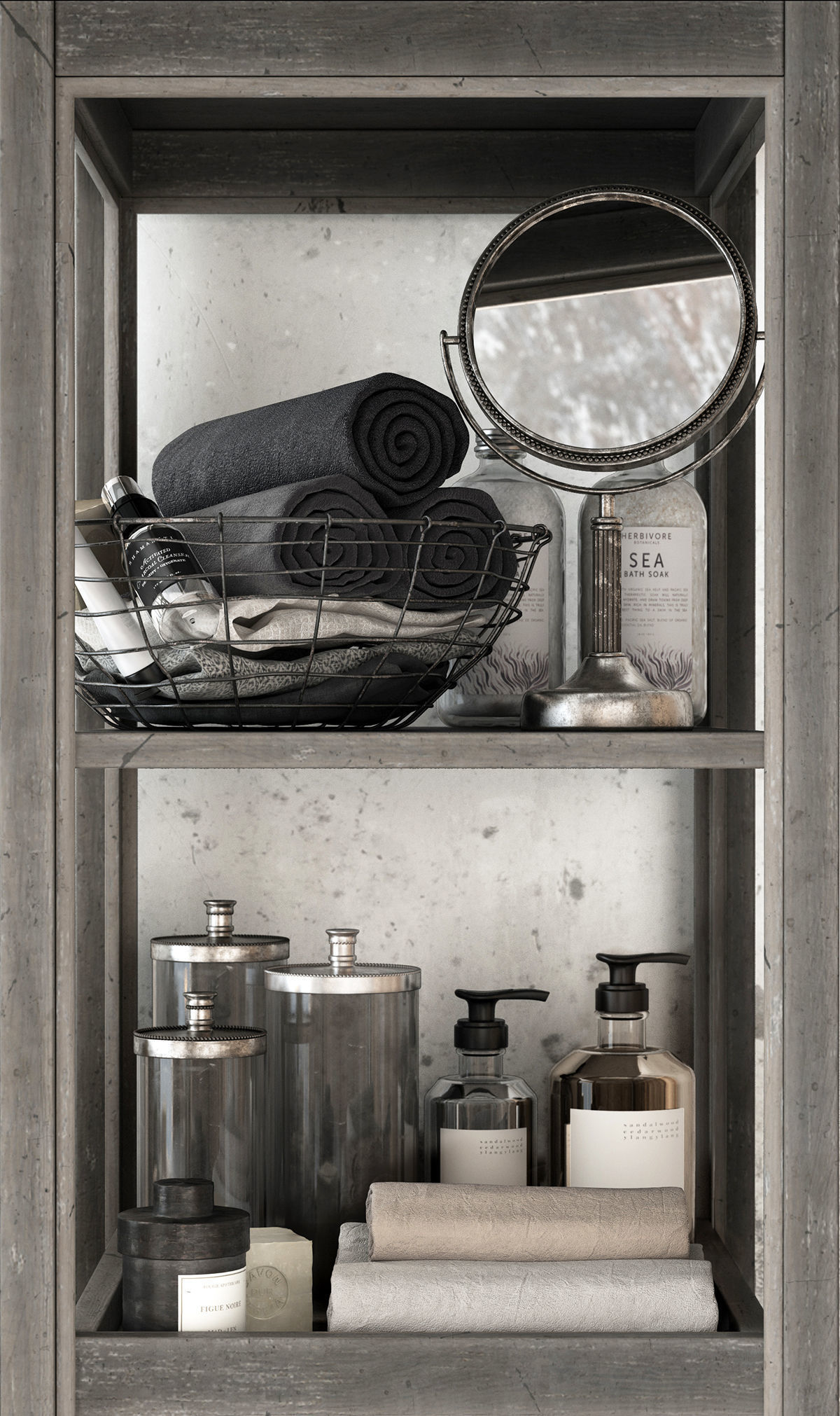 Bathroom Set wooden crate with pillows and ladder 3D model_1