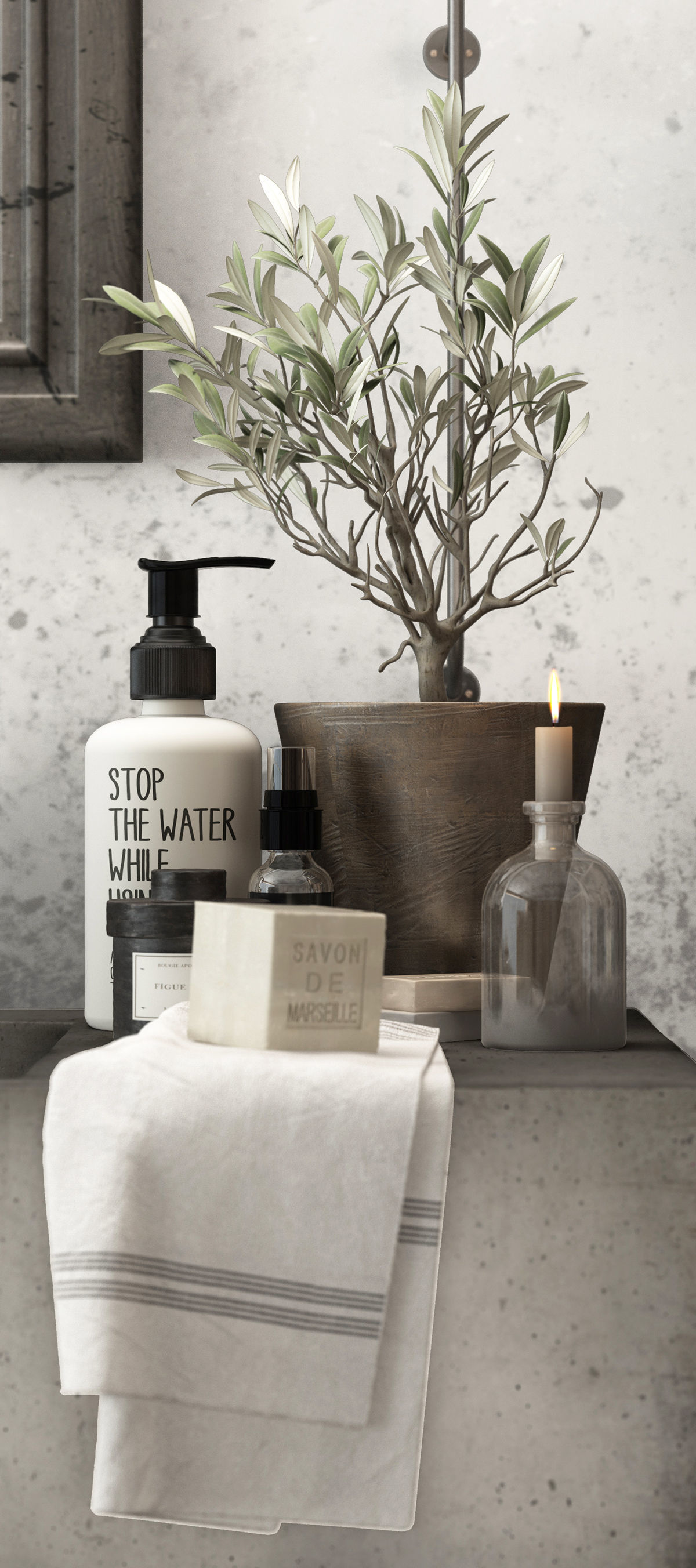 Bathroom Set wooden crate with pillows and ladder 3D model_4