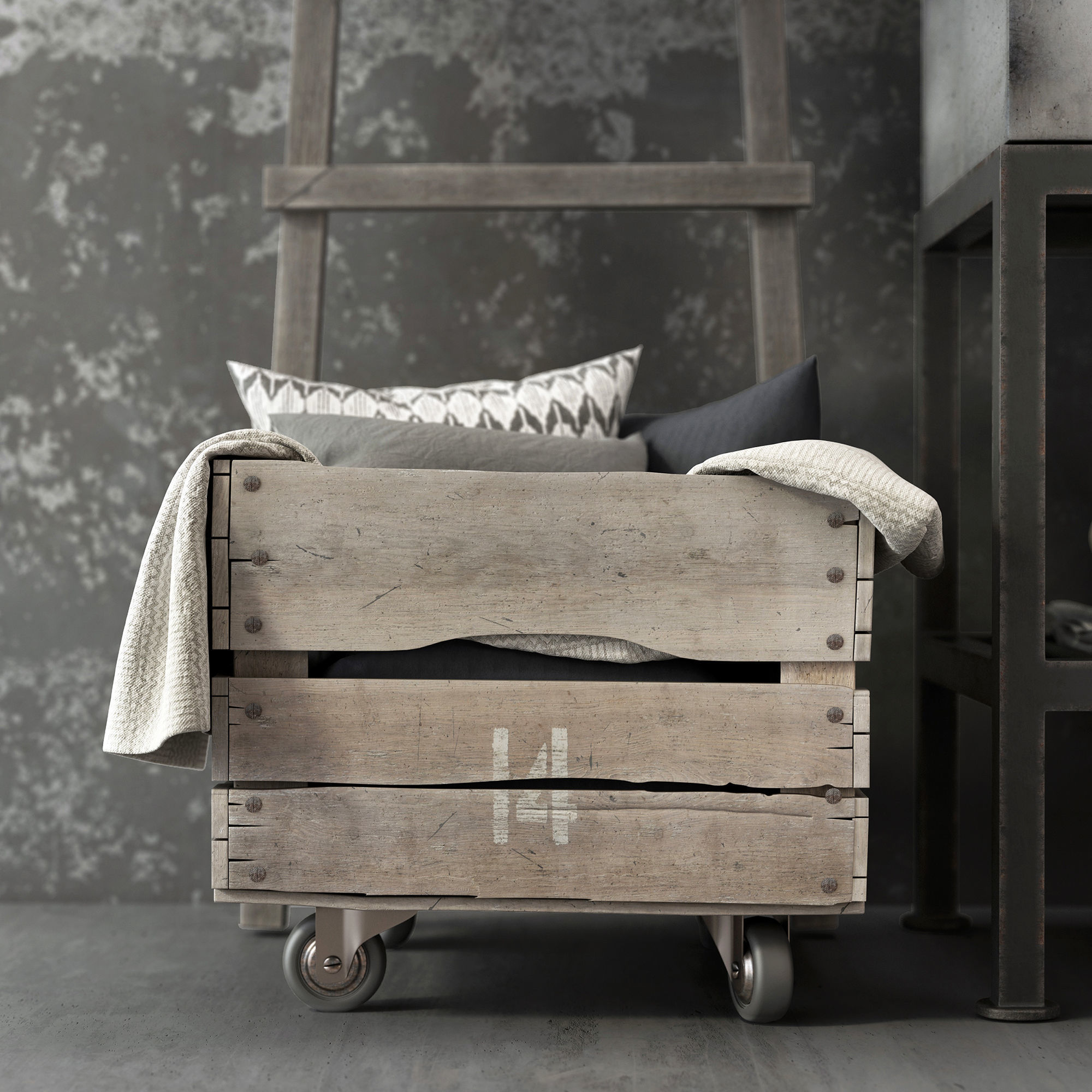 Bathroom Set wooden crate with pillows and ladder 3D model_3