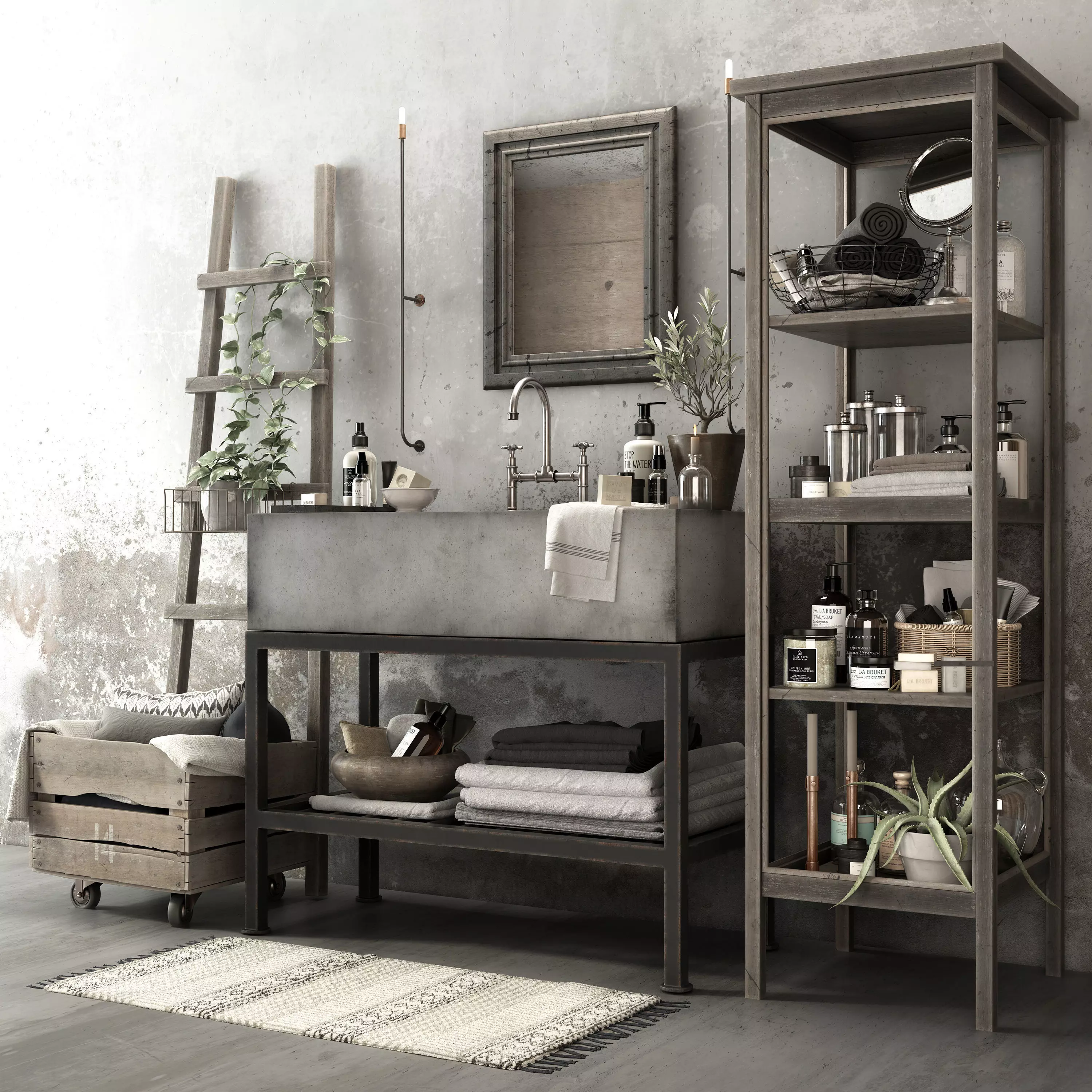 Bathroom Set wooden crate with pillows and ladder 3D model_0