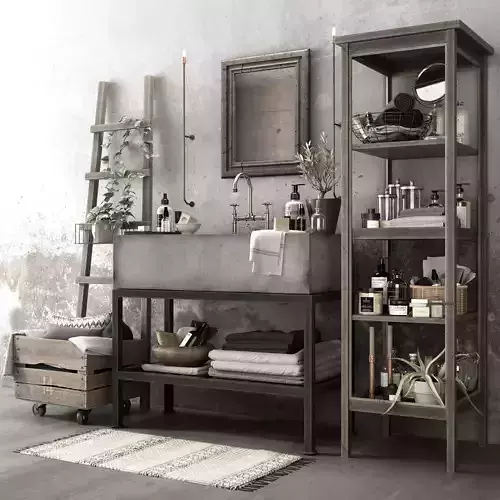 Bathroom Set wooden crate with pillows and ladder 3D model