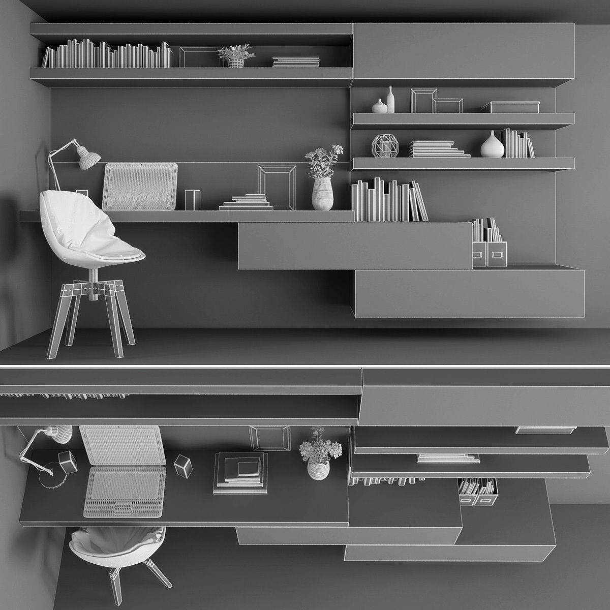 Workplace modern home office with shelves and desks Low-poly 3D model_2