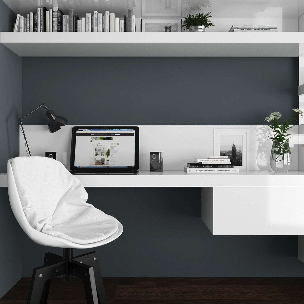 Workplace modern home office with shelves and desks Low-poly 3D model_1