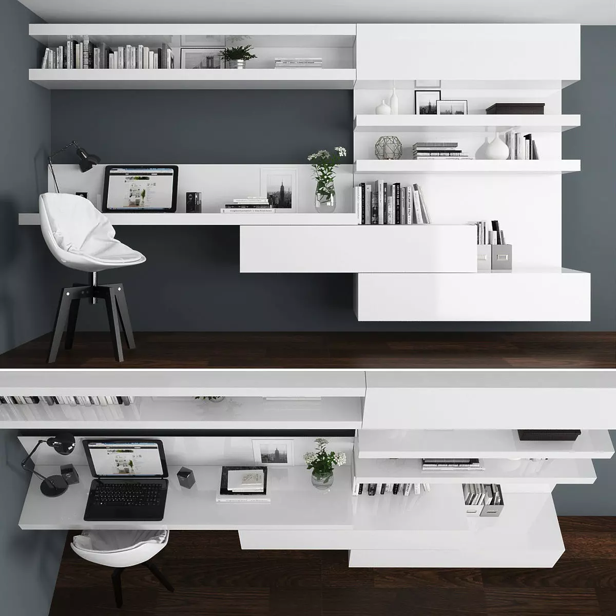 Workplace modern home office with shelves and desks Low-poly 3D model_0