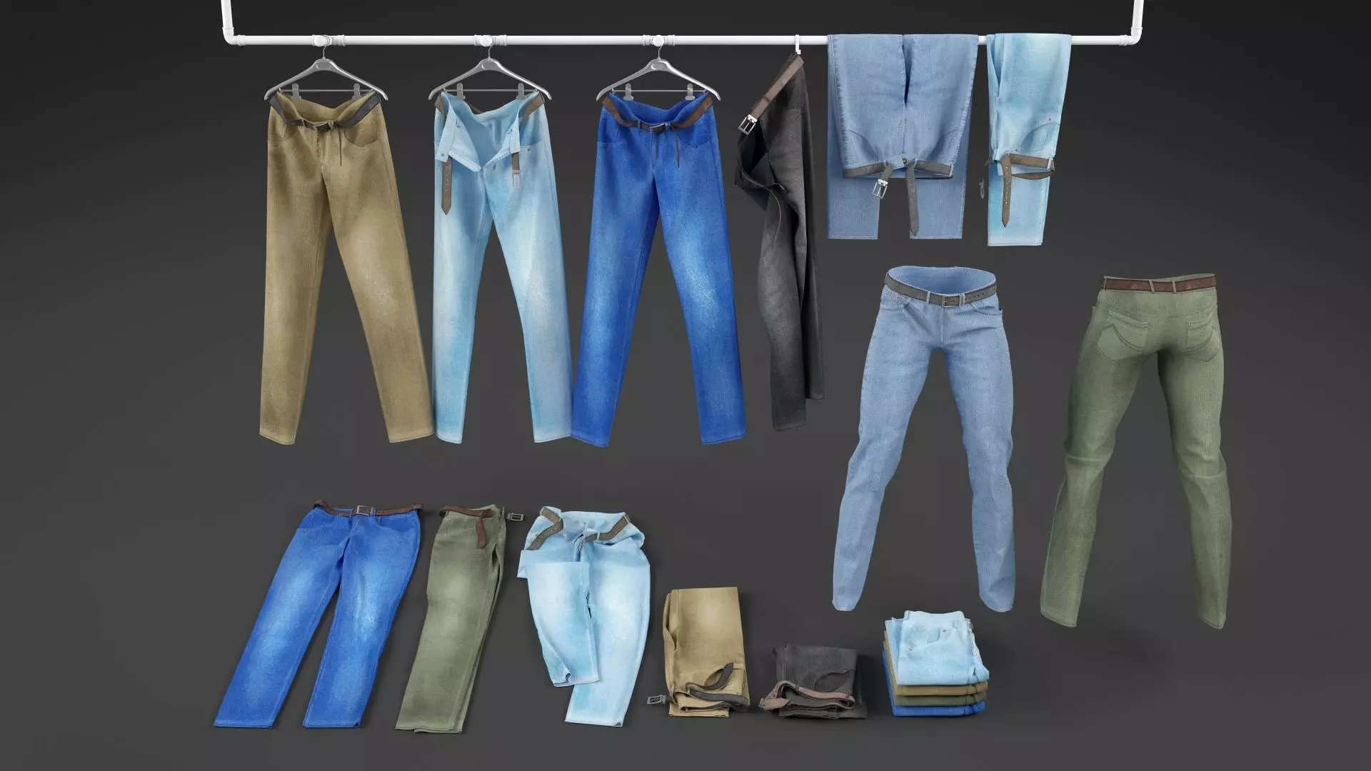 Jeans collection pants on hanger 3D model