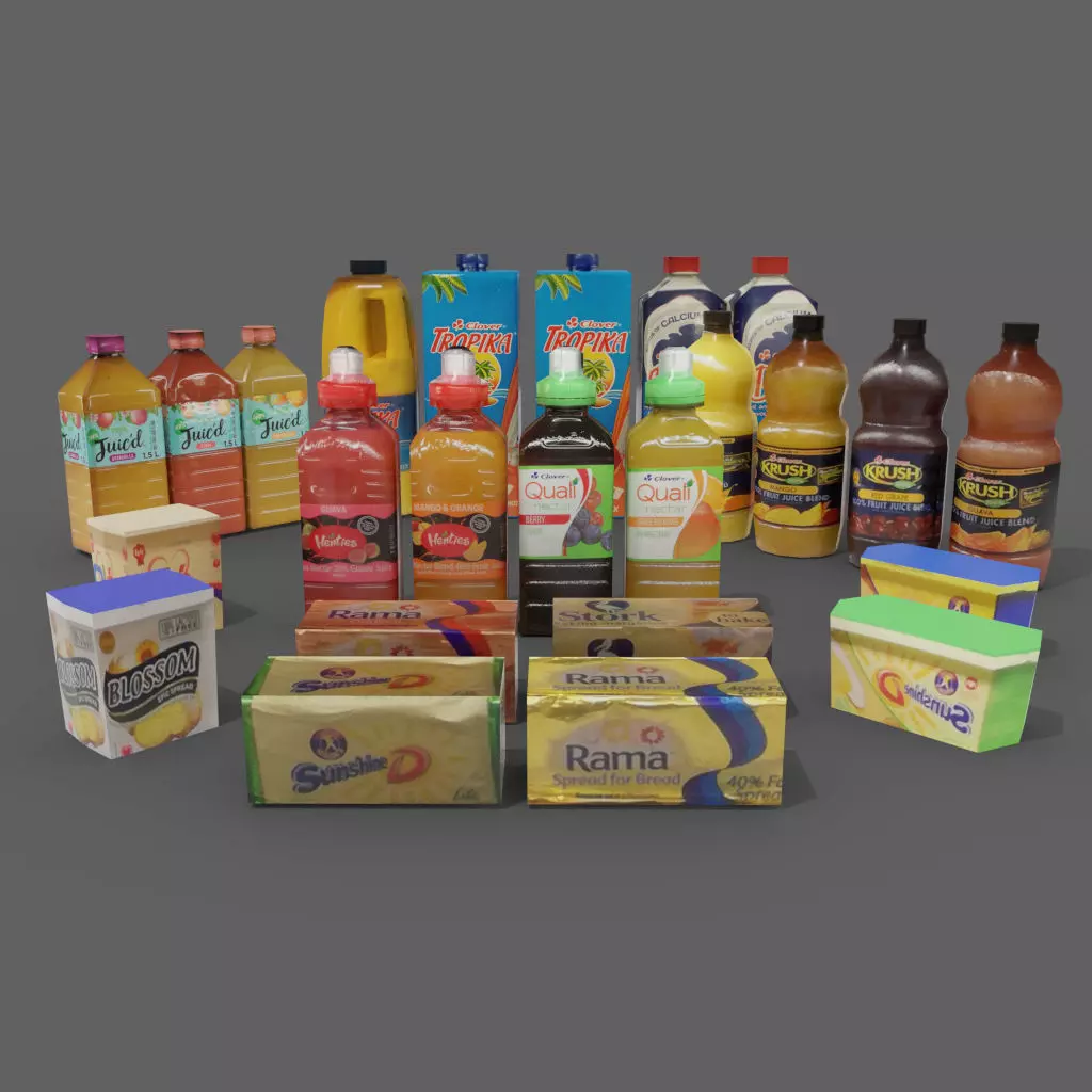 juice bottles butter tubs cold store refrigerated stock Low-poly 3D model_0