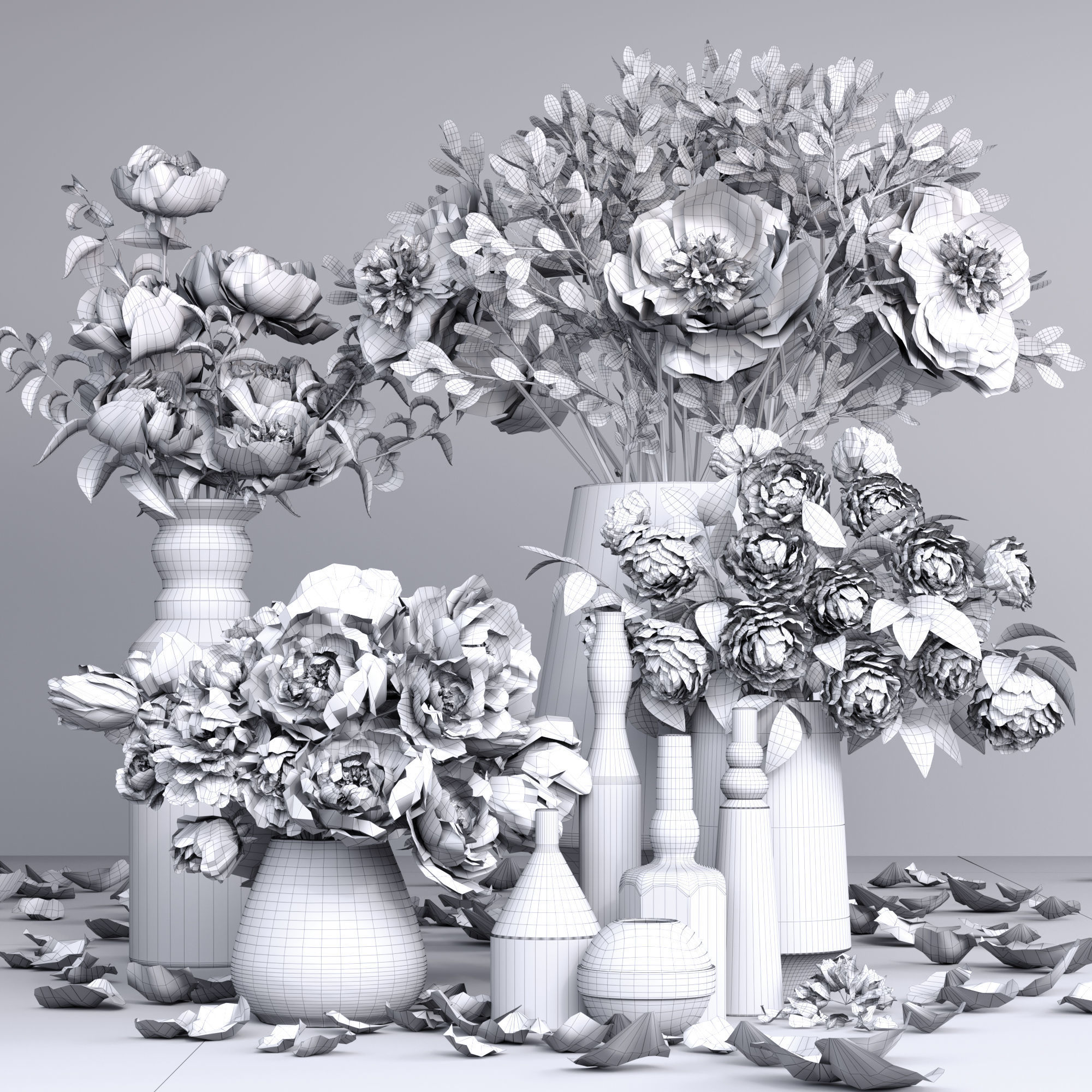 Realistic Collection of Peonies Bouquet in Vases 3D model_2