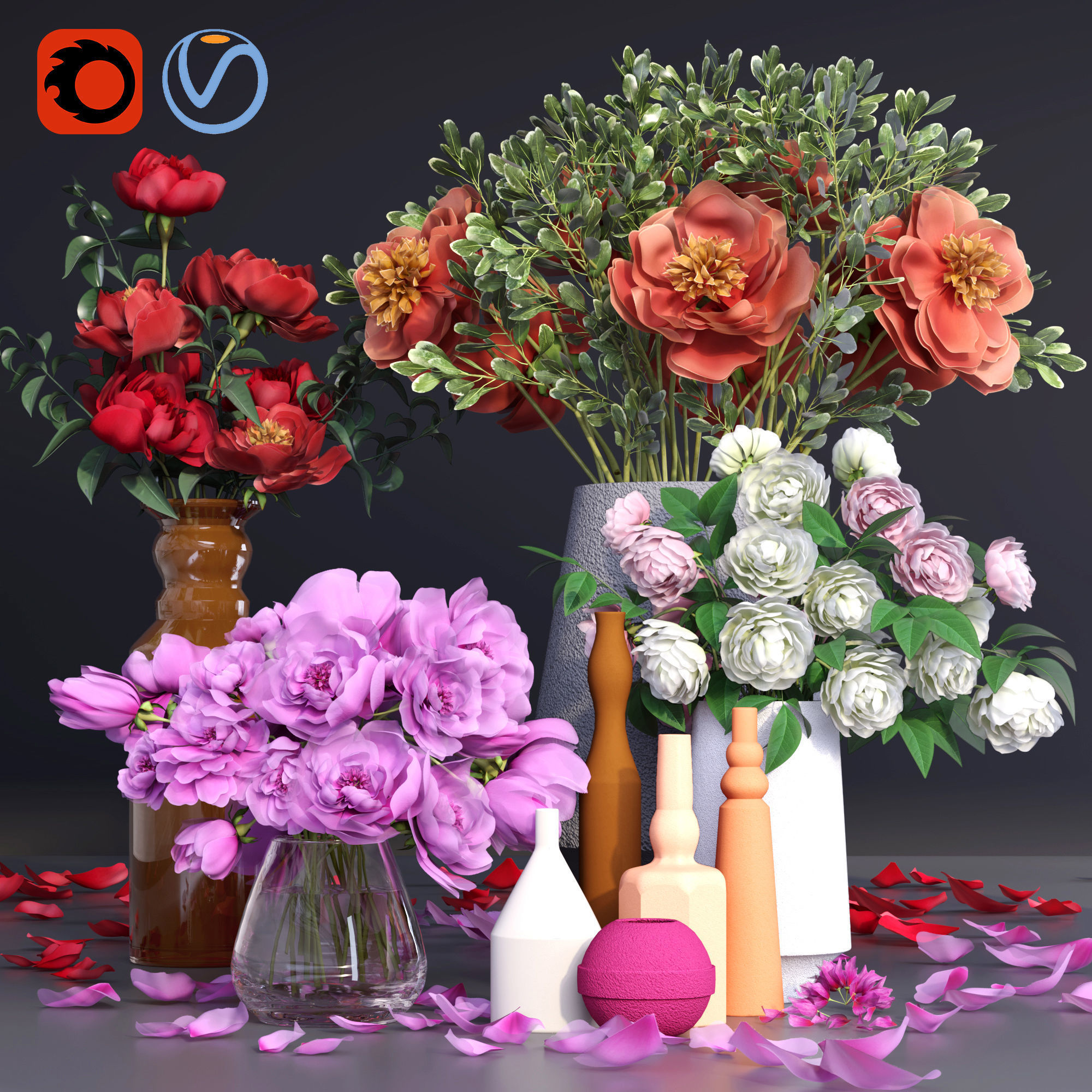 Realistic Collection of Peonies Bouquet in Vases 3D model_11
