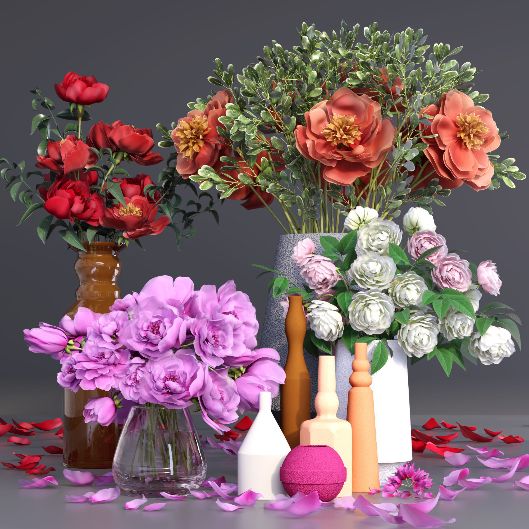 Realistic Collection of Peonies Bouquet in Vases 3D model_10