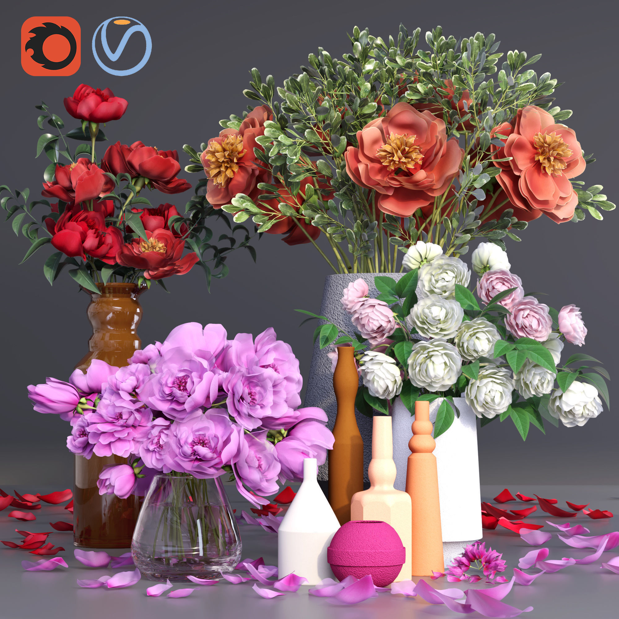 Realistic Collection of Peonies Bouquet in Vases 3D model_8