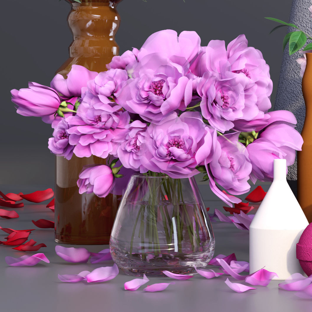Realistic Collection of Peonies Bouquet in Vases 3D model_5