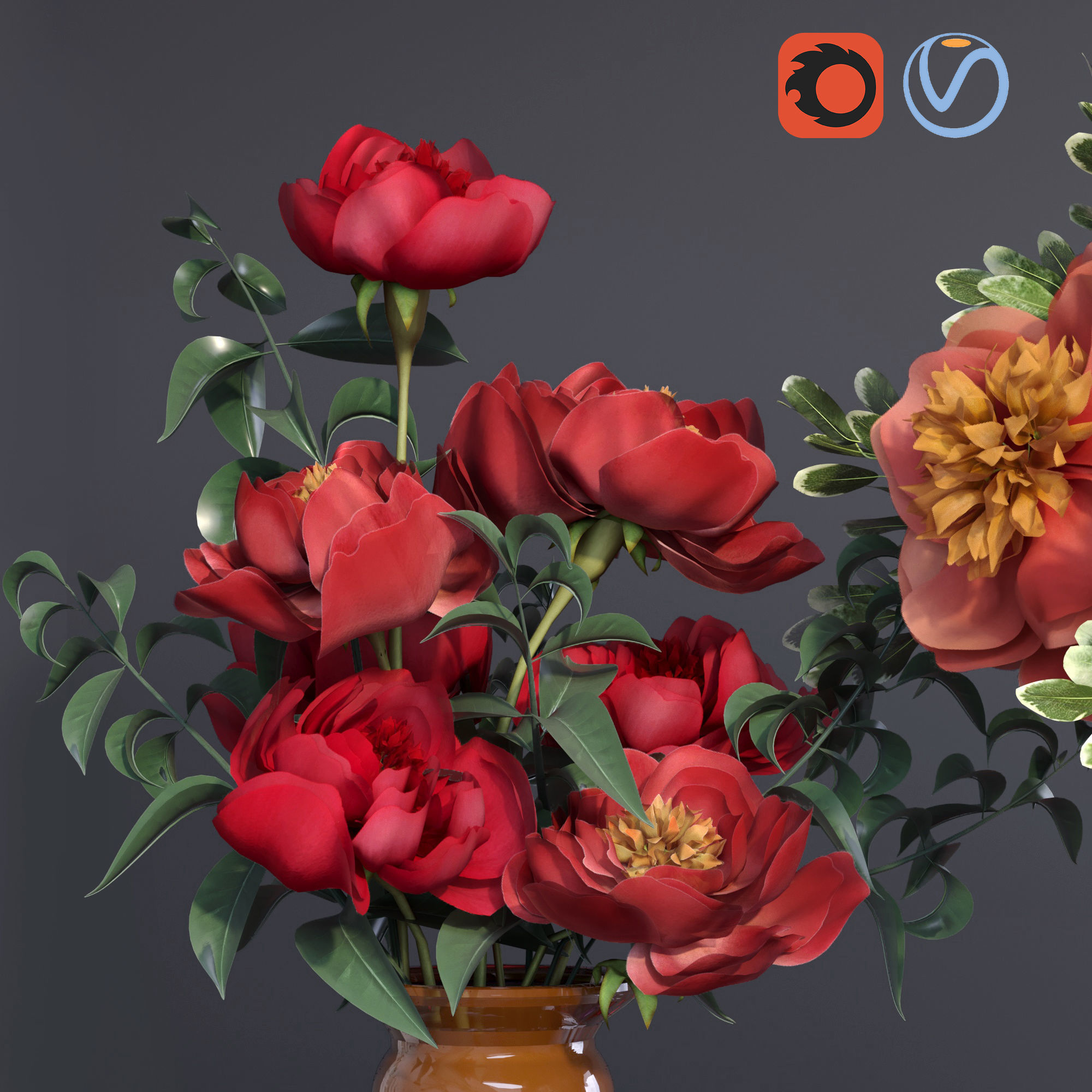 Realistic Collection of Peonies Bouquet in Vases 3D model_12