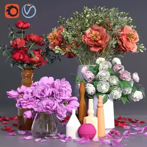 Realistic Collection of Peonies Bouquet in Vases 3D model