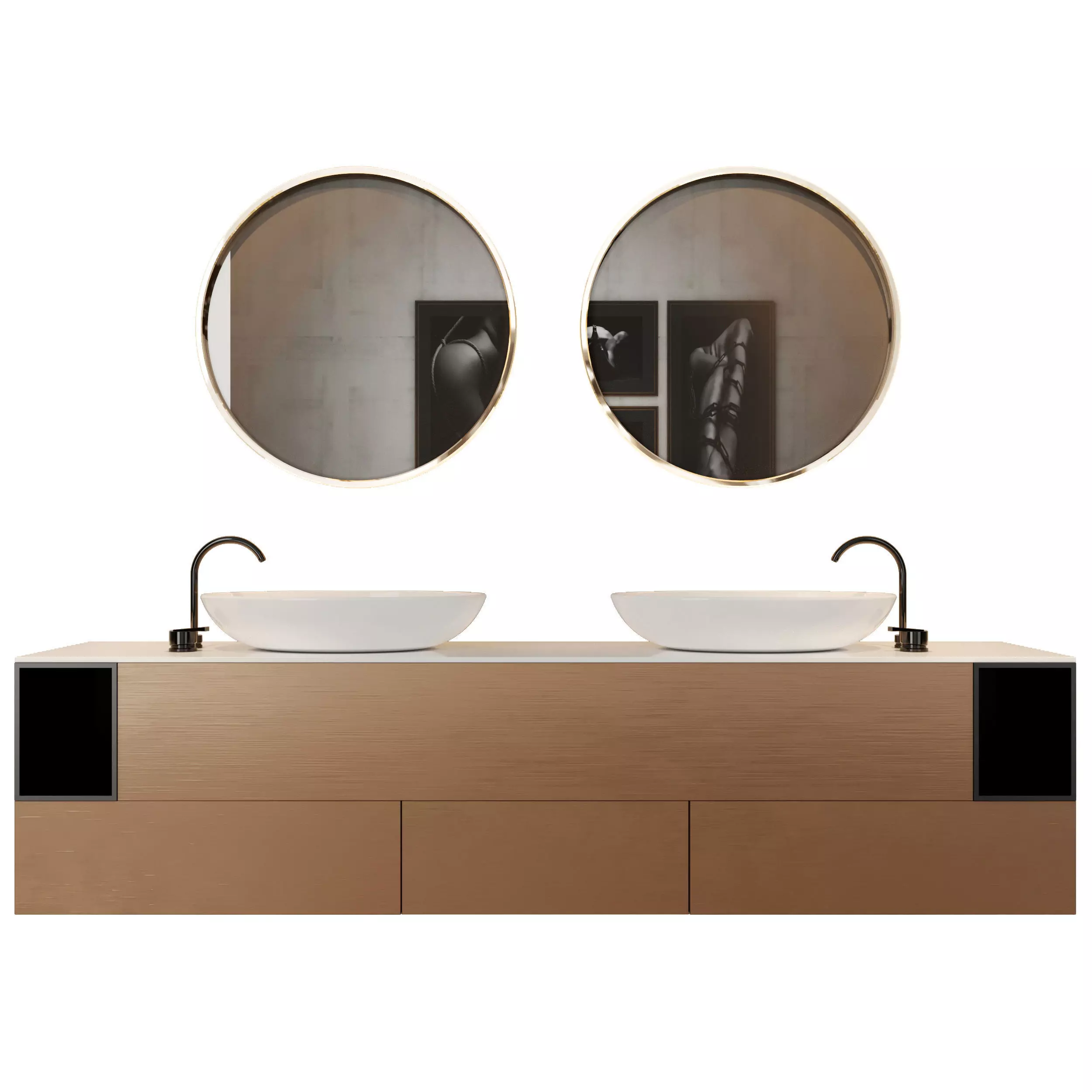 Bathroom vanity with two sinks and two mirrors 3D model_0