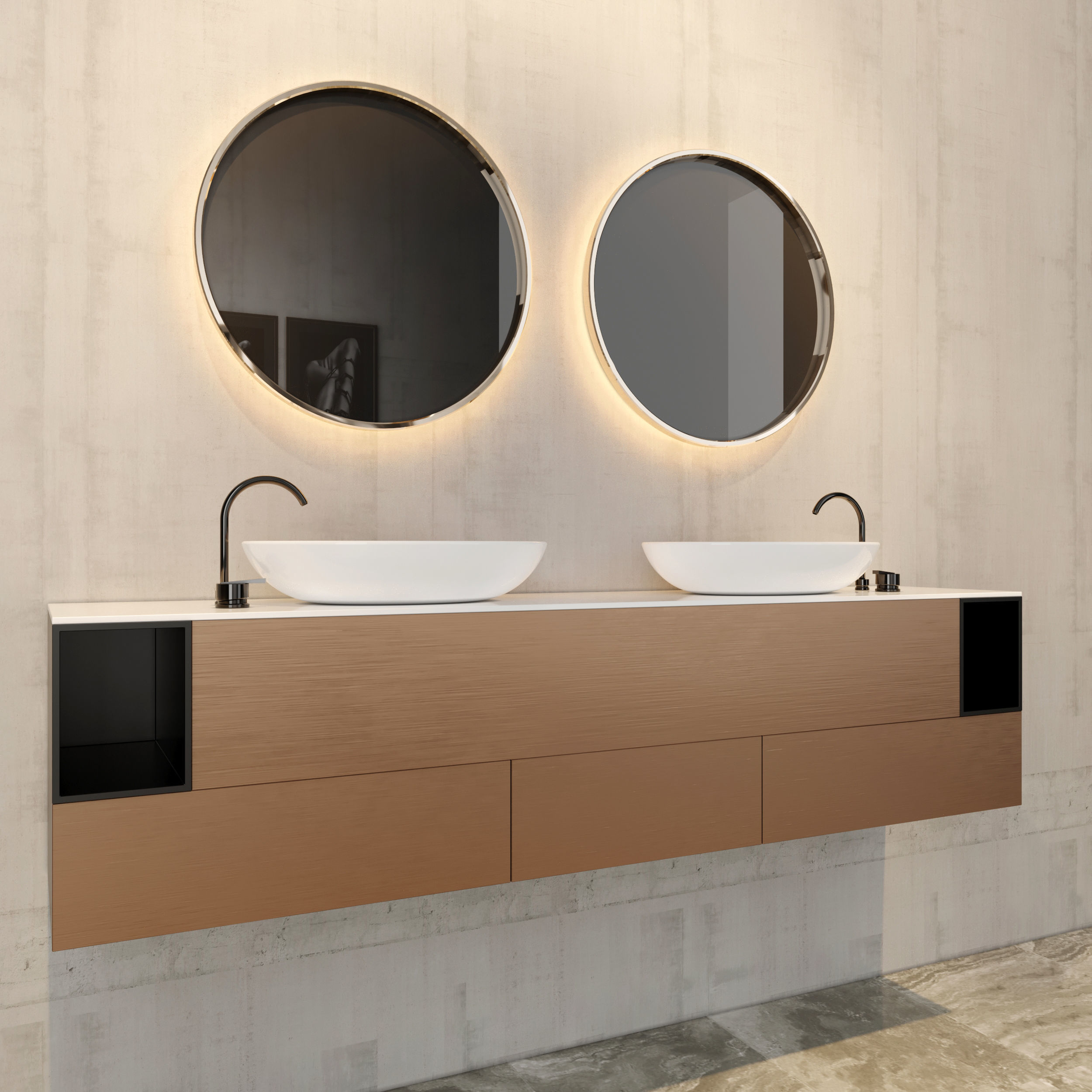 Bathroom vanity with two sinks and two mirrors 3D model_1