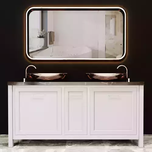 Bathroom vanity with two sinks and mirror