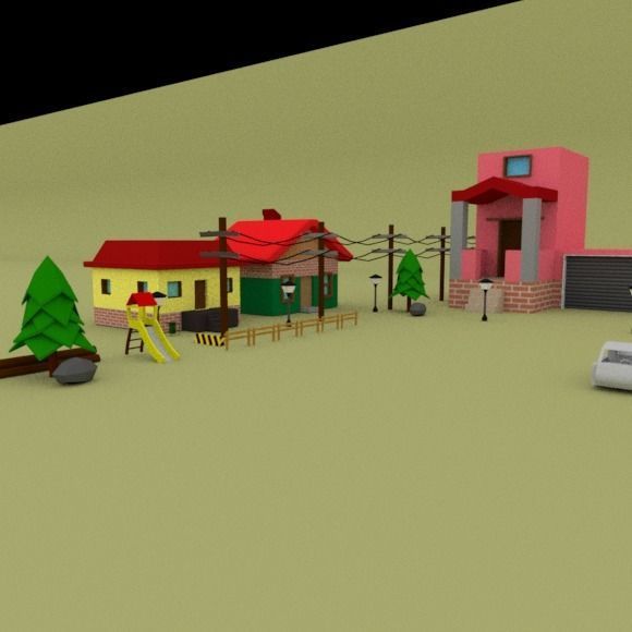 Low Poly Pack town with houses and cars Low-poly 3D model_3