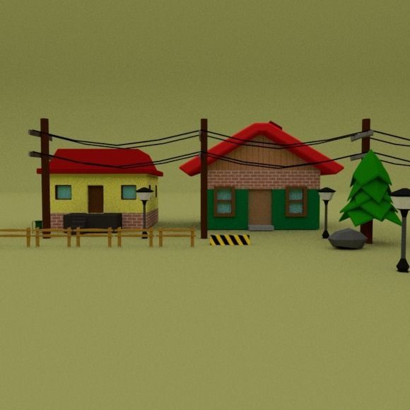 Low Poly Pack town with houses and cars Low-poly 3D model_6