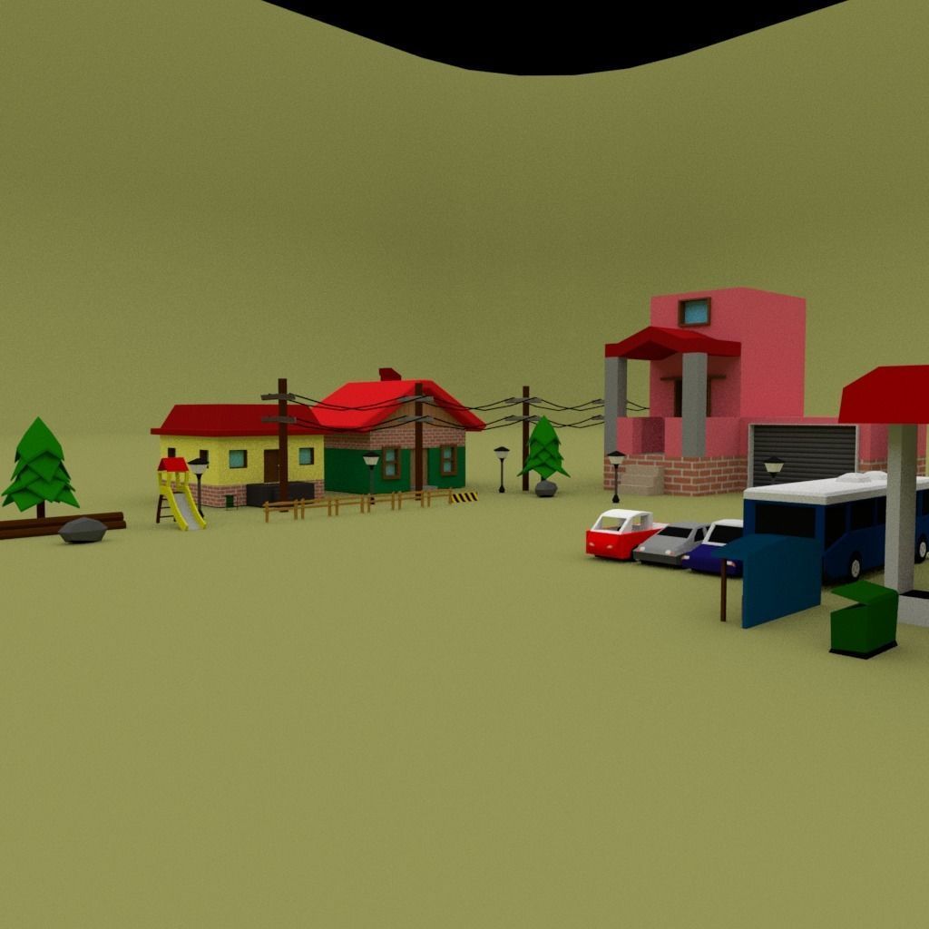 Low Poly Pack town with houses and cars Low-poly 3D model_9