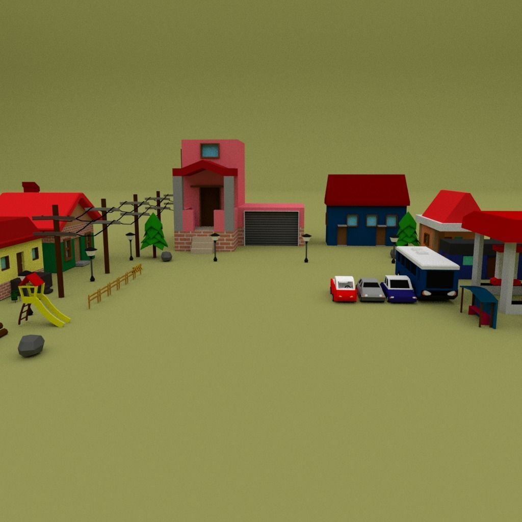 Low Poly Pack town with houses and cars Low-poly 3D model_8