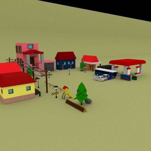 Low Poly Pack town with houses and cars Low-poly 3D model_2