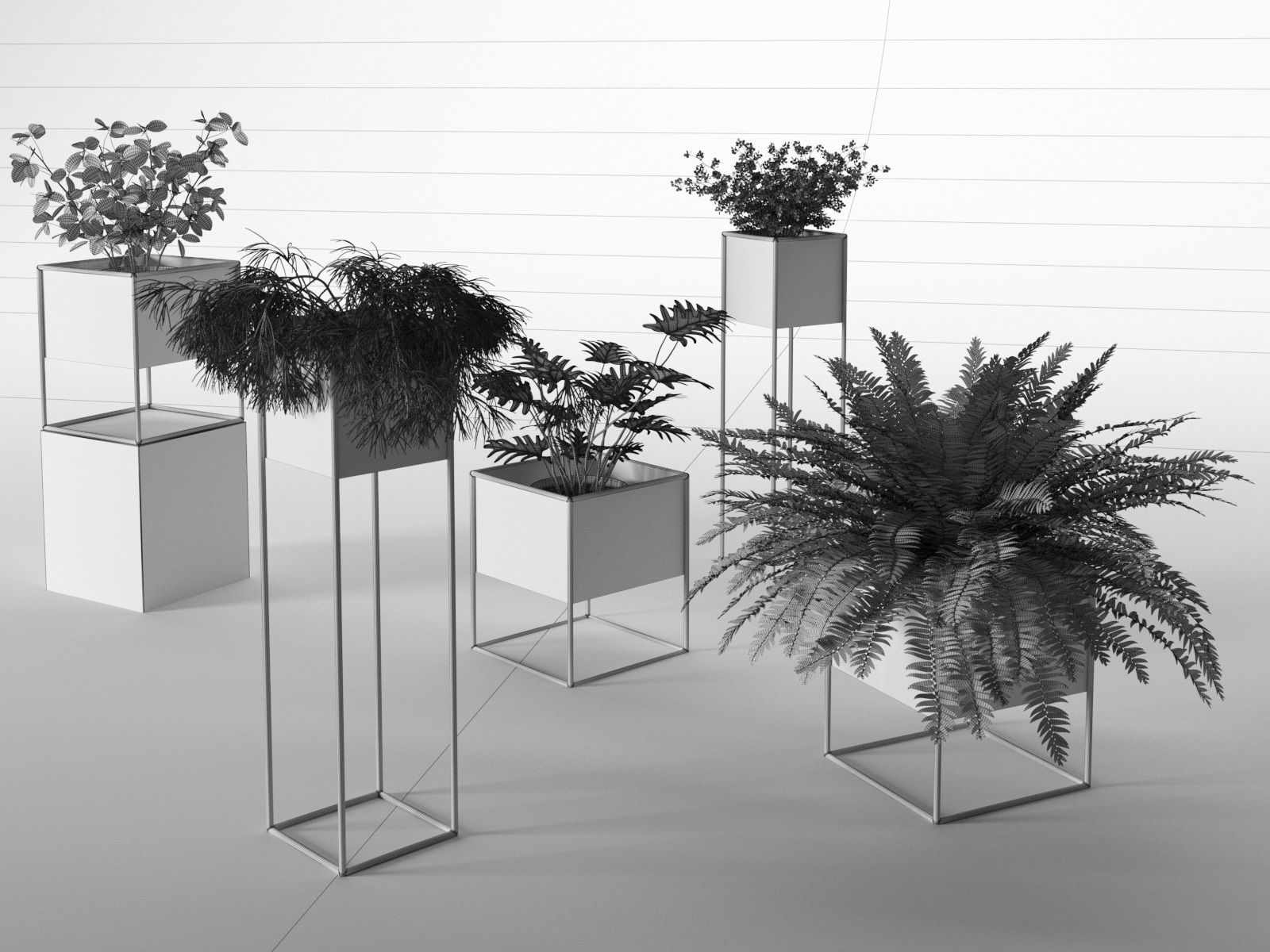 Perforated Box Planters with Plants 3D model_3