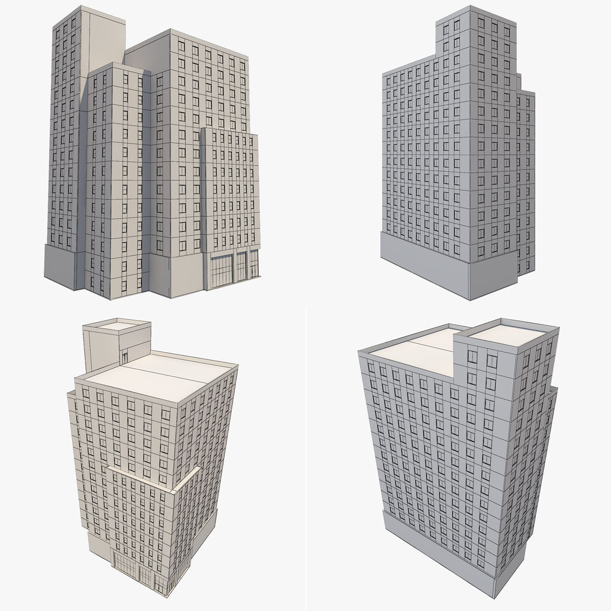 4 Buildings Set 1 building with windows and balconies 3D model_8